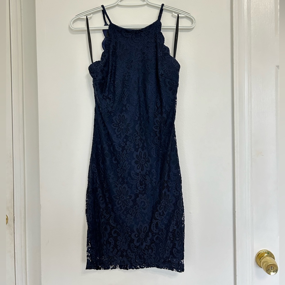 Navy lace bodycon mini dress